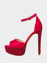Red Satin Rhinestone Platform Round Stiletto Heel Sandals With Ankle Buckle Strap